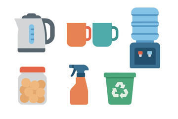 Kitchen equipment and recycling items arranged on a flat surface in a modern workspace