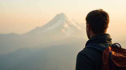 A hiker gazing at a snow-capped mountain peak, soft cinematic haze, soft focus, hazy background, warm color palette, cinematic lighting, shallow depth of field.