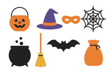 Halloween themed decorations featuring a pumpkin, witch hat, bat, and other spooky elements for festive celebration