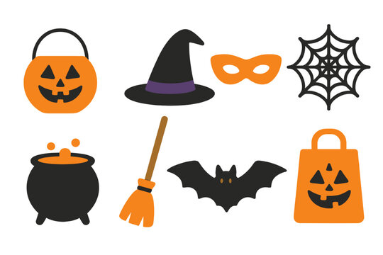 Halloween decorations featuring spooky motifs including pumpkins, witches' hats, and bats in various colors and designs