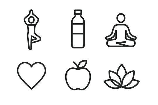 Wellness icons depicting yoga, hydration, meditation, healthy eating, and mindfulness in a minimalist design