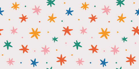Seamless abstract horizontal pattern of multicolored stars on a grey background with chalk texture; cute simple hand drawn vector illustration; drawing, flat style