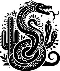 Snake Solid Black Silhouette in Traditional Mexican Folk Art Style Vector