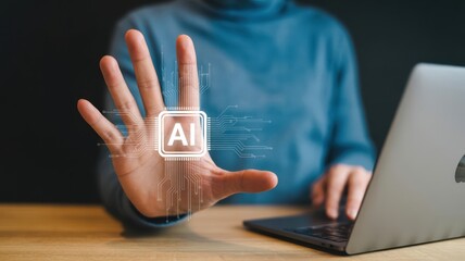 Person blocking ai with hand laptop in background technology concept