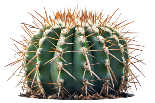 Round barrel cactus with sharp spines isolated on transparent background. Cactus in a pot isolated on white background.