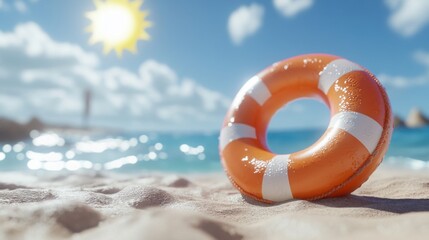 On the ground you can see a beach lounger and a pool float. in the background you can see a Sun as 3d element