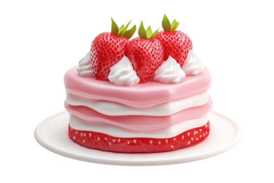 Delicious strawberry cake with cream and berries isolated on transparent background. Cake with strawberry isolated on white background, 3d rendering.