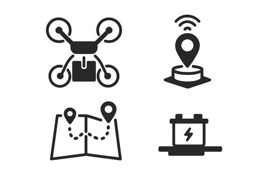 Drone delivery system with navigation and charging components in a modern design featuring key technology icons