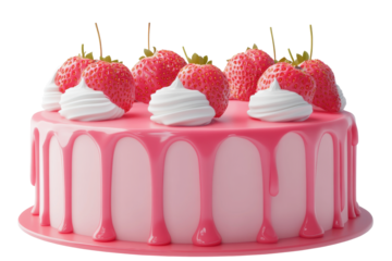 Delicious strawberry drip cake decorated with fresh berries and meringue isolated on transparent background. Cake with strawberry isolated on white background, 3d rendering.