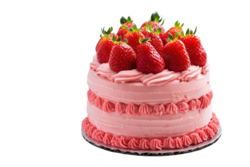 Delicious pink strawberry cake decorated with fresh strawberries isolated on transparent background. Cake with strawberry isolated on white background.