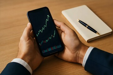 Close up of person analyzing stock market data on smartphone with notebook and pen on wooden desk, showcasing investment and financial analysis