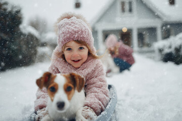 joyful child sits in sled with playful dog both excited in snowy front yard of cozy home