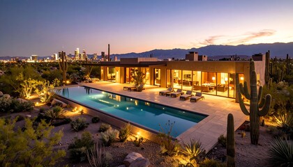 Modern desert home at dusk