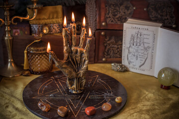 Mystical palmistry hand with Mars, Venus, Saturn and Jupiter symbols, esoteric astrology art