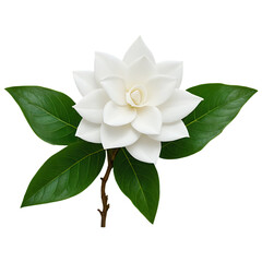 Fototapeta premium A single pristine white gardenia flower with lush green leaves is presented against a stark black background highlighting its delicate beauty and elegant form