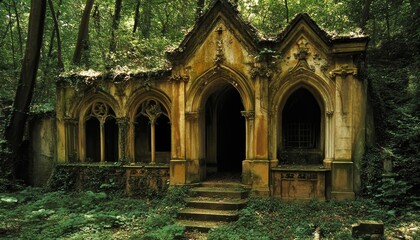 Fototapeta premium Gothic Architecture in Decay at Graveyard, Abandoned Crypt Hidden by Lush Forest, Mysterious Vibes