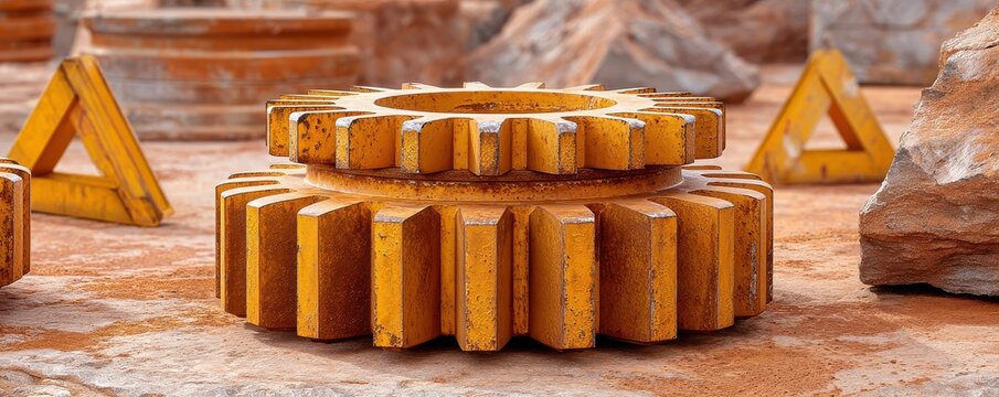 Rusty gears and triangular shapes on a textured surface in an industrial setting.