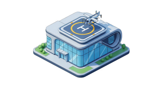 Futuristic Building with Helipad, Isometric View, Transparent Background, PNG