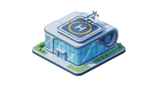 Futuristic Building with Helipad, Isometric View, Transparent Background, PNG