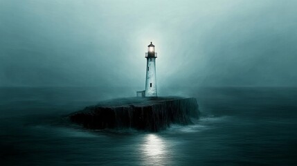 Fototapeta premium Gloomy Lighthouse Standing Tall on Cliffside, Guiding Ships Through Stormy Seas, Rainy Day Scene