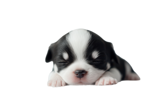 Cute black and white puppy lying down isolated on transparent background. Chihuahua puppy isolated on white background.