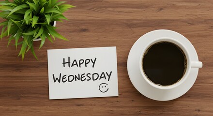 Happy Wednesday Note with Coffee Cup on Wooden Table, Morning Motivation Concept