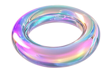 Iridescent glass ring with rainbow colors isolated on transparent background. Circle ring fluid holographic Iridescent isolated on white background, 3d rendering.