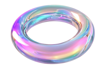 Iridescent glass ring with rainbow colors isolated on transparent background. Circle ring fluid holographic Iridescent isolated on white background, 3d rendering.