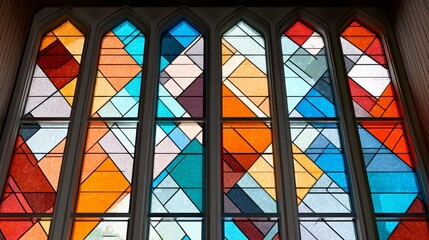 Vibrant Geometric Stained Glass Window in a Historic Church, Showcasing Colorful Light and Design