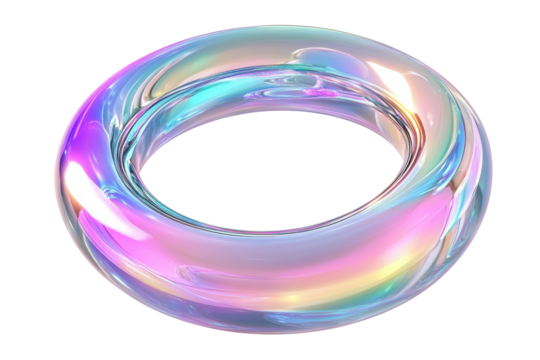Iridescent glass ring with rainbow colors isolated on transparent background. Circle ring fluid holographic Iridescent isolated on white background, 3d rendering.