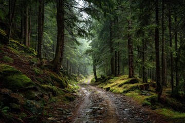 Naklejka premium Scenic forest route winding through lush greenery and tranquil atmosphere, inviting exploration and connection with nature