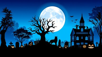 Spooky Halloween Night with Full Moon, Graveyard, Haunted House and Creepy Tree