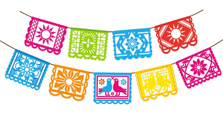 Vibrant papel picado banner with colorful Mexican designs hanging against a white background, a flat lay overhead shot showing intricate patterns and a festive mood.
