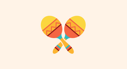 Fototapeta premium Flat lay image of a pair of crossed maracas with vibrant yellow, orange, and teal designs against a beige background, conveying a festive and playful mood.