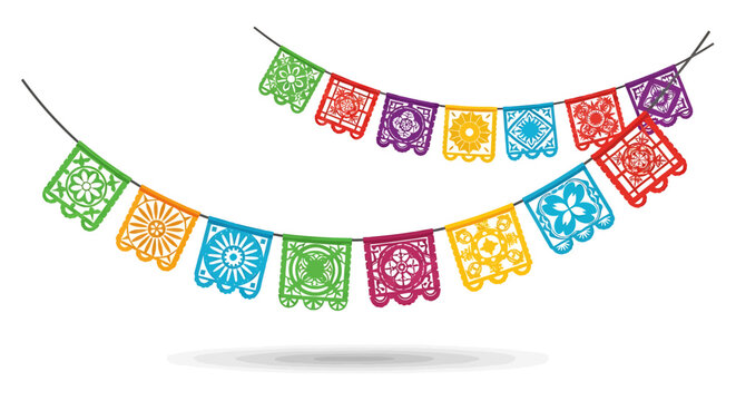 Colorful papel picado banners strung together against a white background, a festive flat lay illustration with vibrant colors and intricate designs.