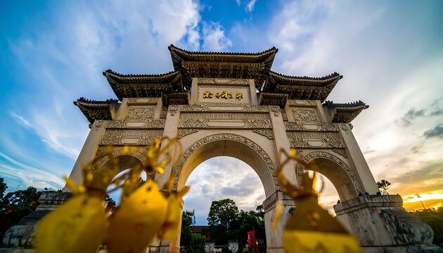 Grand archway at sunset, ornate details, golden lanterns in foreground