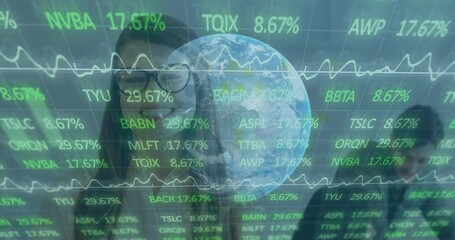 Office team activating interface and monitoring globe with stock tickers updating finance charts - Powered by Adobe