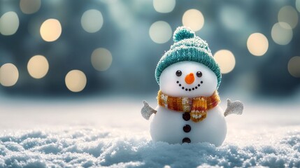 Fototapeta premium Cheerful snowman in snowy wonderland, wearing a colorful hat and scarf, celebrating winter joyfully