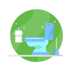 Toilet bawl icon with toilet paper roll isolated on green background. Flat Toilet room icon. Vector Cleaning concept illustration