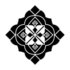 Ornate, symmetrical black and white design with intricate floral and geometric patterns.