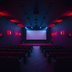 Fototapeta premium An empty cinema room with red and blue lighting casts a dramatic ambiance on an awaiting screen, a prelude to cinematic magic.