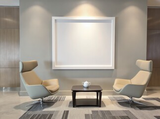 Modern lounge area with empty frame and comfortable chairs.