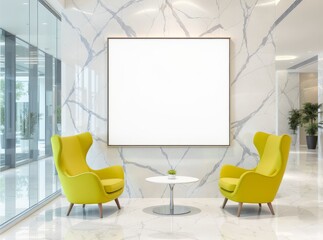 Modern lobby with blank art frame, chairs and a table create an inviting space.