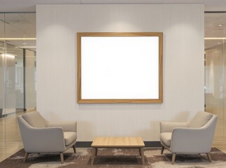Empty frame on wall in modern office lounge with seating.