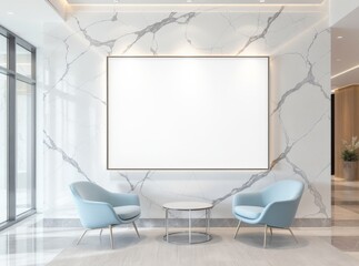 Modern lobby with blank canvas, chairs and table creates a welcoming space.