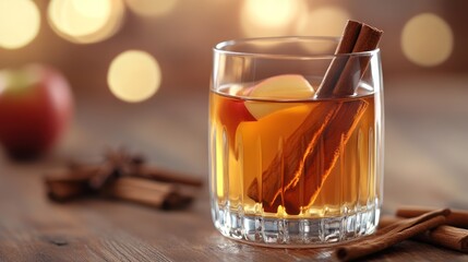 Apple cider drink with cinnamon sticks on wooden table