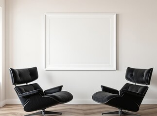 Minimalist living room with empty frame and modern chairs.