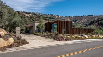 Modern home exterior with a driveway and landscaped yard.