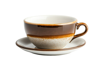 Rustic ceramic coffee cup and saucer isolated on transparent background. Cup of cappuccino isolated on white background.