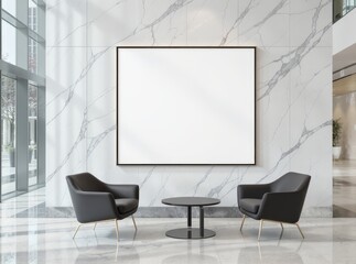Modern lobby with blank frame, chairs and table offers a stylish waiting space.
